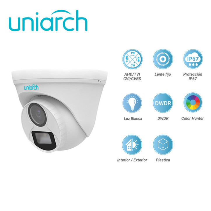 Cámara analógica turret 2 MP Multiformato 4 en 1 TVI/AHD/CVI/CVBS Lente 2.8mm UNIARCH BY UNV UAC-T112-F28-W