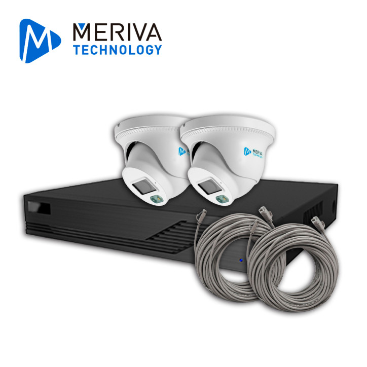 KIT DE VIDEOVIGILANCIA IP MERIVA TECHNOLOGY MKIP2MP-2T-4P 2 CÁMARAS TURRET IP MTD-203D DE 2MP LUZ DUAL CON MICROFONO INTEGRADO M
