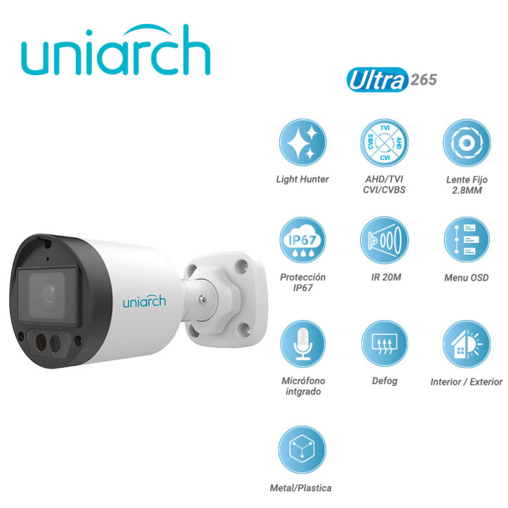 CAMARA ANALOGICA LIGHTHUNTER BULLET UNIARCH UAC-B122-AF28LM / UAC-B122-AF28LM-H / 2MP / AHD/TVI/CVI/CVBS / LENTE FIJO 2.8MM / 12