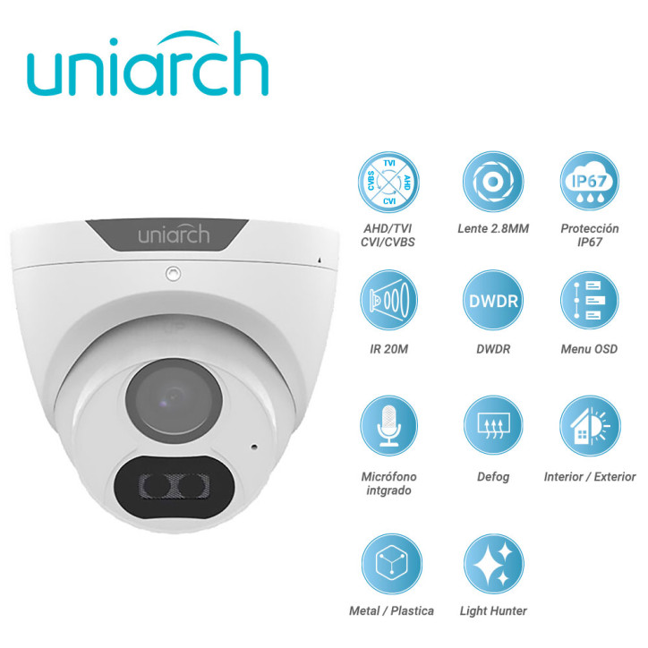 Cámara analógica Turret 2 MP 4 en 1 AHD/TVI/CVI/CVBS Lente fijo 2.8 mm UNIARCH BY UNV UAC-T122-AF28LM-H