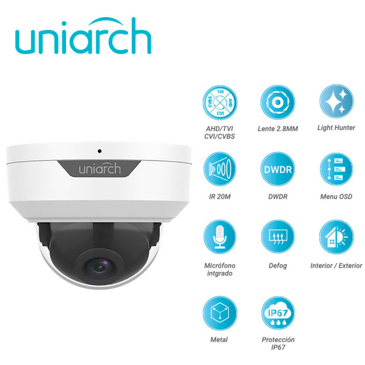 Cámara analógica domo 2MP Lente fijo 2.8 mm 4 en 1 AHD/TVI/CVI/CVBS UNIARCH BY UNV UAC-D122-AF28M-H