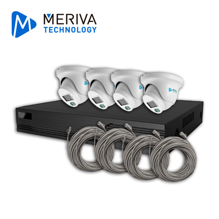 KIT DE VIDEOVIGILANCIA IP MERIVA TECHNOLOGY MKIP2MP-4T-4P 4 CÁMARAS TURRET IP MTD-203D DE 2MP LUZ DUAL CON MICROFONO INTEGRADO M