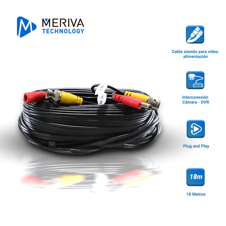 Videovigilancia analógica 18MTS Calibre 24 AWG Conectores BNC y corriente MERIVA TECHNOLOGY MVA-HDCB18