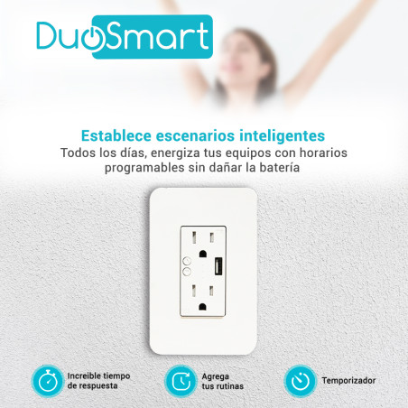 Tomacorriente inteligente de pared 2 contactos puerto USB WiFi 2.4 GHz DUOSMART A60