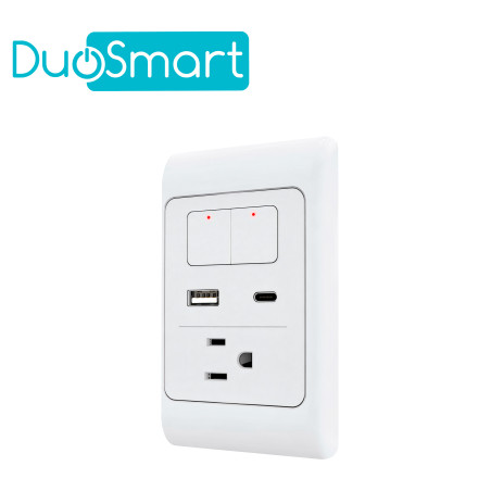 APAGADOR Y CONTACTO TOMACORRIENTE DUOSMART A70 / 2 BOTONES-UNIDADES / 1 CONTACTO / 1 PUERTO USB / 1 PUERTO USB-C / WIFI 2.4 GHZ 