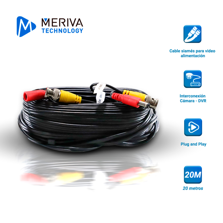 CABLE DE VIDEO HD ARMADO MERIVA MVA-HDCB20 20MTS NEGRO CON CONECTORES DE VIDEO BNC Y CORRIENTE OPTIMIZADO PARA AHD/HDTVI/HDCVI Y