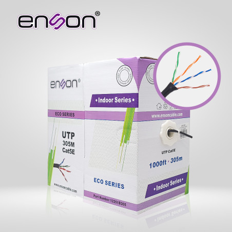 CABLE UTP CAT5E ENSON 12251B305 SERIE ECO CALIBE 24 AWG CCA BOBINA DE 305 METROS FORRO PVC COLOR NEGRO USO INTERIOR RECOMENDADO 