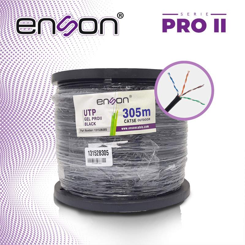 CABLE UTP CAT5E ENSON 13152B305 SERIE PRO-II C/GEL CALIBE 24 AWG 100% COBRE BOBINA DE 305 METROS FORRO PE COLOR NEGRO USO EXTERI