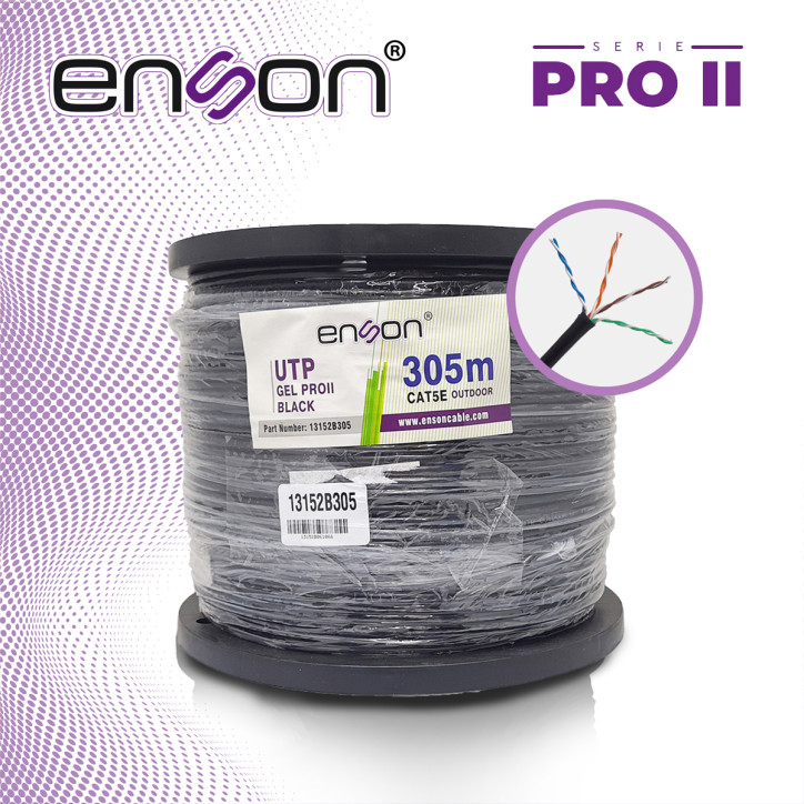 CABLE UTP CAT5E ENSON 13152B305 SERIE PRO-II C/GEL CALIBE 24 AWG 100% COBRE BOBINA DE 305 METROS FORRO PE COLOR NEGRO USO EXTERI