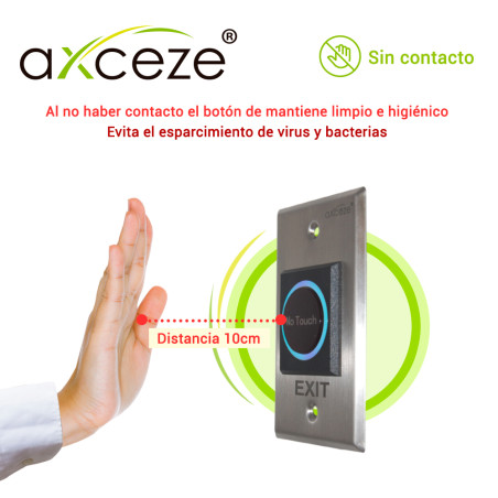 Botón liberador sin contacto relevador integrado activación hasta 10 cm material Acero Inoxidable AXCEZE AX-TOUCH1