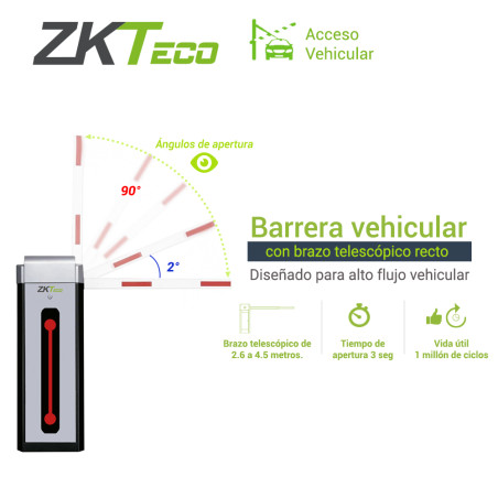 Barrera vehicular brazo telescópico 2.6 a 4.5 m sentido izquierdo velocidad de cierre 3s ZKTECO CMP300L