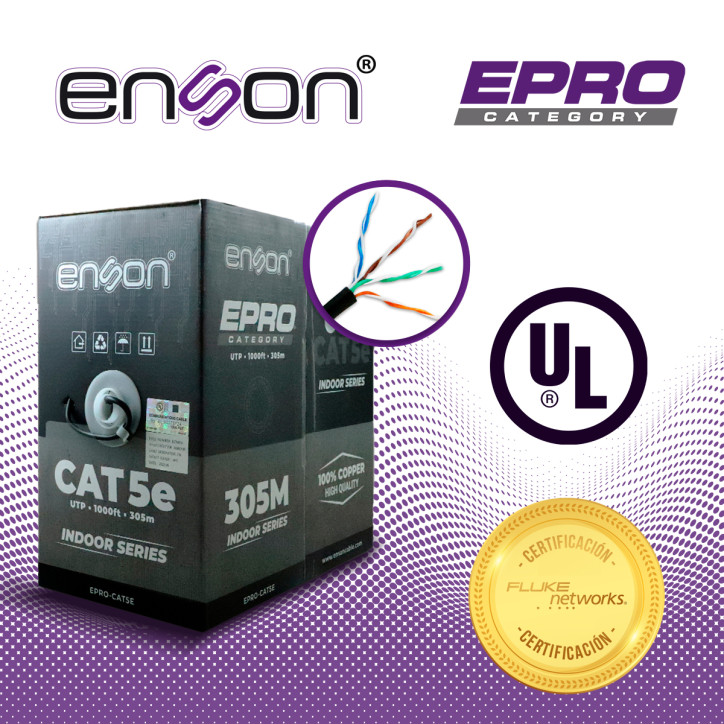CABLE UTP CAT5E ENSON EPRO-CAT5E FORRO COLOR NEGRO PVC CM 4 PARES CALIBRE 24 AWG 100 CIENTO COBRE USO INTERIOR BOBINA 1000 PIES 