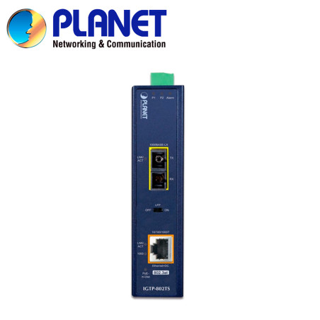 Convertidor de medios PoE industrial Gigabit 10/100/1 000Mbps PoE 802.3at/af 30W Fibra monomodo 20 km PLANET IGTP-802TS