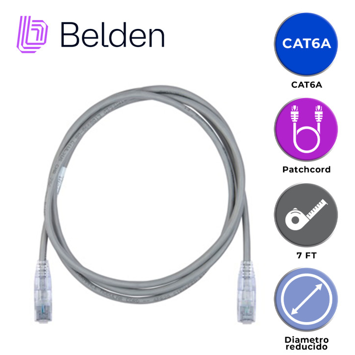 PATCH CORD DIAMETRO REDUCIDO UTP CAT6A BELDEN CAD1108007 / INTERIOR / GRIS / 4 PARES / 28 AWG / FORRO PVC / CMR / 7 PIES 2.1 MET