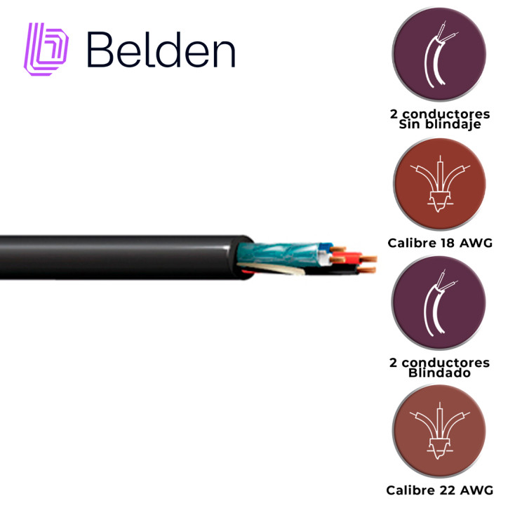 Cable de iluminación y automatización Riser-CMR 2 conductores 18 AWG 1 par blindado 22 AWG BELDEN 1392A 0101000