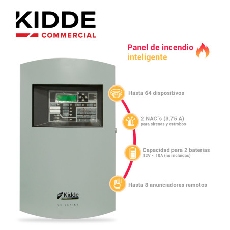 Panel de detección de incendio inteligente 1 lazo direccionable hasta 64 dispositivos 2 NACs KIDDE VS1-G-SP