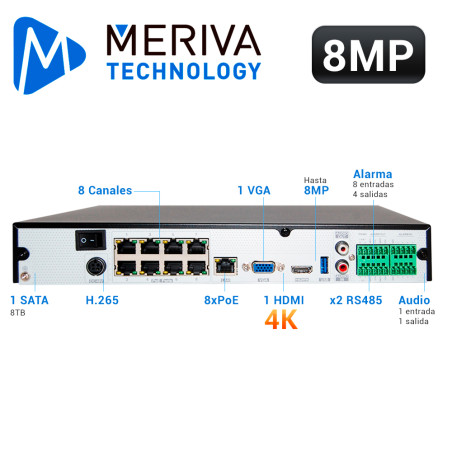 NVR Network Video Recorder para videovigilancia IP 8 CH H.265S PoE 802.3 af/at MERIVA TECHNOLOGY MAIN-0808