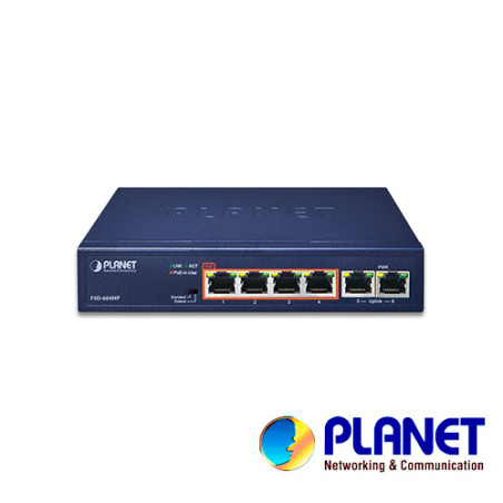 Switch no administrable PoE 6 Puertos RJ45 10/100 Mbps 4 Puertos PoE 802.3af/at Presupuesto de energía PoE 60 W PLANET FSD-604HP