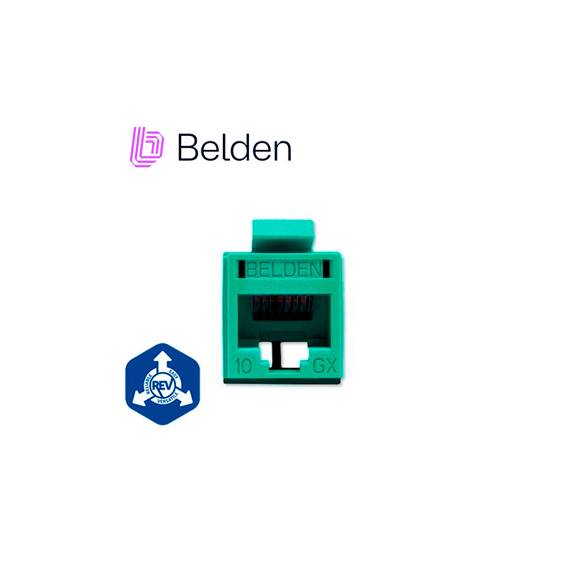 CONECTOR MODULAR JACK RJ45 CAT6A REVCONNECT BELDEN RVAMJKUGN-S1 ESTILO KEYCONNECT VERDE COMPATIBLE CON FACEPLATE AX102660,AX1026