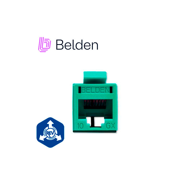 CONECTOR MODULAR JACK RJ45 CAT6A REVCONNECT BELDEN RVAMJKUGN-S1 ESTILO KEYCONNECT VERDE COMPATIBLE CON FACEPLATE AX102660,AX1026