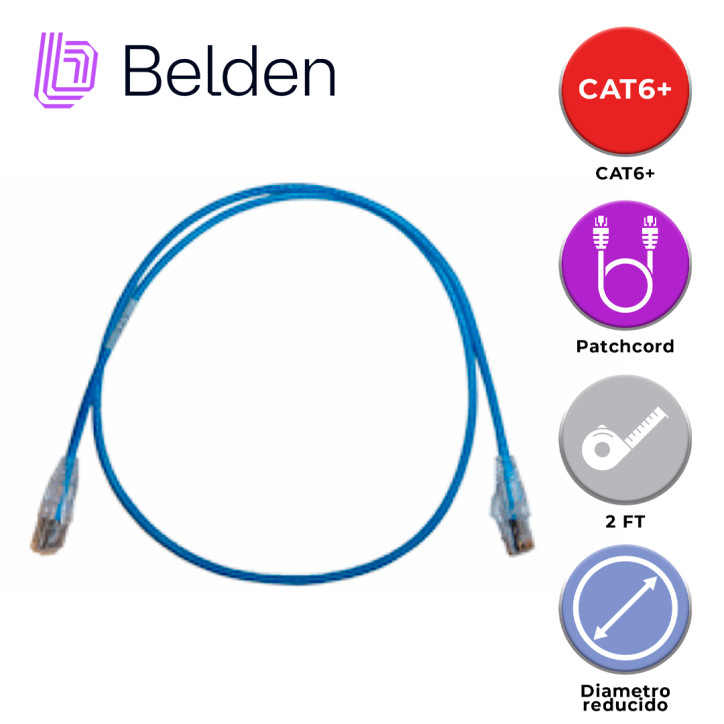 PATCH CORD DIAMETRO REDUCIDO UTP CAT6+ BELDEN C6D1106002 / INTERIOR / AZUL / 4 PARES / 28 AWG / FORRO PVC / CMR / 2 PIES 0.6 MET