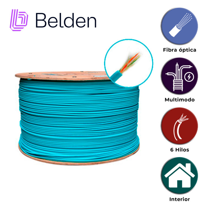 FIBRA OPTICA BELDEN FI3D006R9 / INTERIOR / AQUA / OM3 / 6 HILOS / FORRO PVC / OFNR / BOBINA / 1,640 PIES 500 METROS