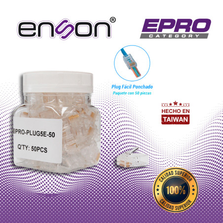 PLUG FACIL PONCHADO ENSON EPRO-PLUG5E-50 BOTE DE 50 PZS PARA CABLE UTP CAT5E CON SISTEMA DE PASO DE CABLES PASSTRU QUE FACILITA 