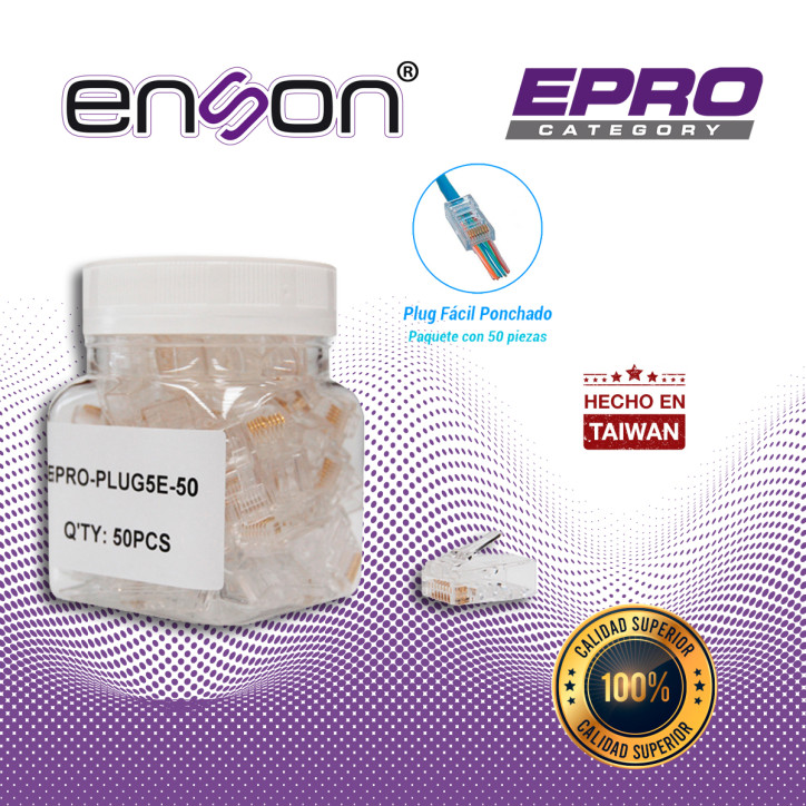 PLUG FACIL PONCHADO ENSON EPRO-PLUG5E-50 BOTE DE 50 PZS PARA CABLE UTP CAT5E CON SISTEMA DE PASO DE CABLES PASSTRU QUE FACILITA 