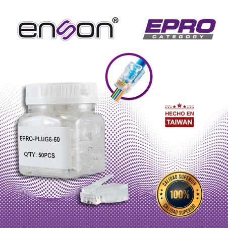 PLUG FACIL PONCHADO ENSON EPRO-PLUG6-50 BOTE DE 50 PZS PARA CABLE UTP CAT6 CON SISTEMA DE PASO DE CABLES PASSTRU QUE FACILITA EL