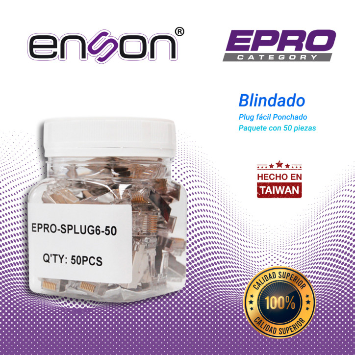 PLUG FACIL PONCHADO BLINDADO ENSON EPRO-SPLUG6-50 BOTE DE 50 PZS PARA CABLE UTP CAT6 CON SISTEMA DE PASO DE CABLES PASSTRU QUE F