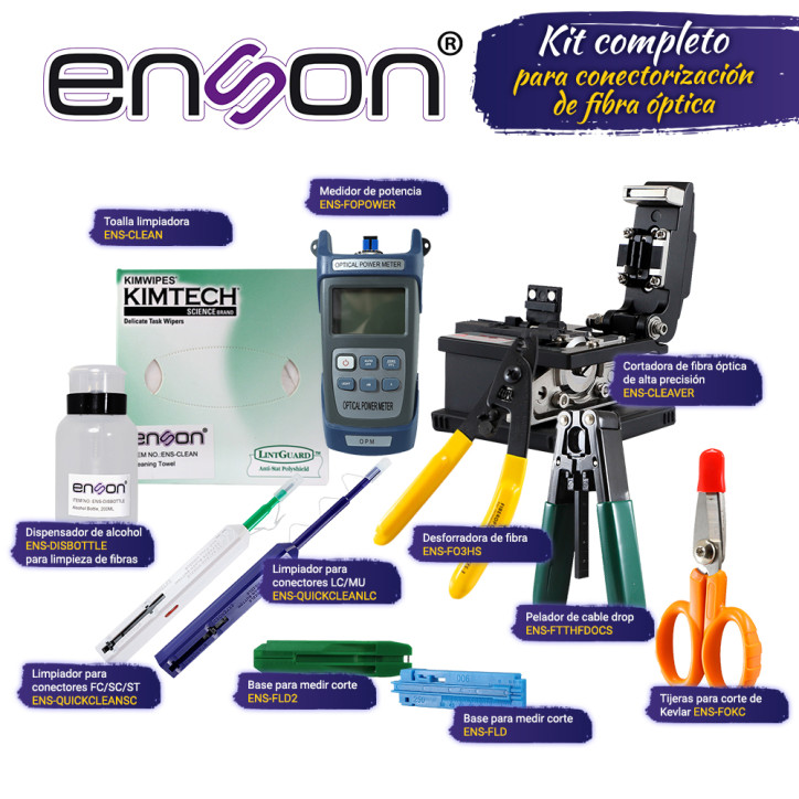 Kit de herramientas para fibra óptica kit completo preparación para conectorización multifuncionalidad ENSON KIT-TOOLS-FO
