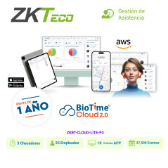 LICENCIA DE ASISTENCIA EN LA NUBE ZKTECO BIOTIME CLOUD LITE CAPACIDAD 3 CHECADORES, 25 EMPLEADOS, 10 APP, 37,500 EVENTOS / RENTA
