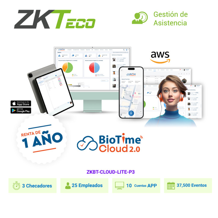 LICENCIA DE ASISTENCIA EN LA NUBE ZKTECO BIOTIME CLOUD LITE CAPACIDAD 3 CHECADORES, 25 EMPLEADOS, 10 APP, 37,500 EVENTOS / RENTA