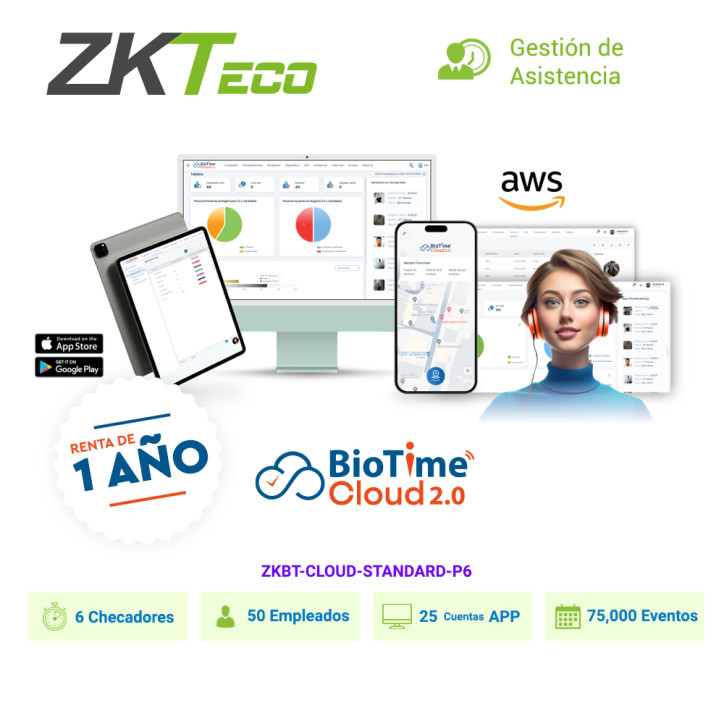 Licencia de software de asistencia en la nube 6 checadores 50 empleados 75 000 eventos ZKTECO ZKBT-CLOUD-STANDARD-P6 Licencia de software de asistencia en la nube 6 checadores 50 empleados 75 000 eventos ZKTECO ZKBT-CLOUD-STANDARD-P6