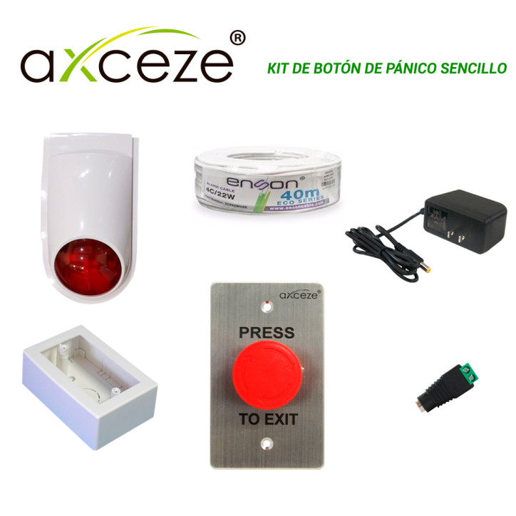 KIT DE BOTON DE PANICO SENCILLO botón de paro o emergencia sirena-estrobo fuente de poder AXCEZE
