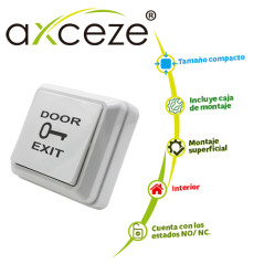 BOTON LIBERADOR AXCEZE AX-B30 TIPO PUSH FABRICADO EN PLASTICO INCLUYE BASE MEDIDAS 69 X 69MM CONEXION A 2 HILOS CUENTA CON EL ES