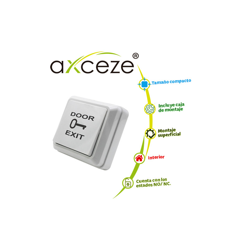 BOTON LIBERADOR AXCEZE AX-B30 TIPO PUSH FABRICADO EN PLASTICO INCLUYE BASE MEDIDAS 69 X 69MM CONEXION A 2 HILOS CUENTA CON EL ES