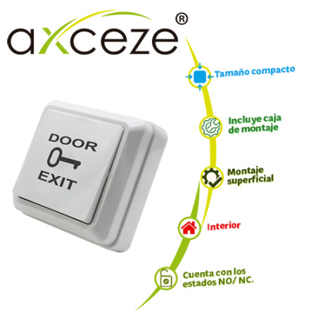 BOTON LIBERADOR AXCEZE AX-B30 TIPO PUSH FABRICADO EN PLASTICO INCLUYE BASE MEDIDAS 69 X 69MM CONEXION A 2 HILOS CUENTA CON EL ES