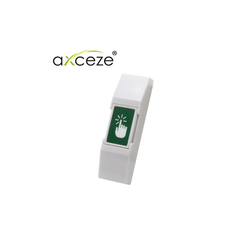 BOTON LIBERADOR AXCEZE AX-B20 TIPO PUSH FABRICADO EN PLASTICO MONTAJE EN PARED MEDIDAS 76 X 23 X 14MM CONEXION A 2 HILOS CUENTA 