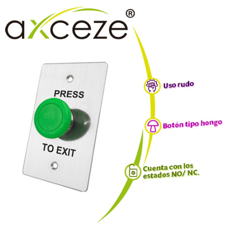 BOTON LIBERADOR AXCEZE AX-B130 TIPO PUSH CON FORMA DE HONGO EN COLOR VERDE FABRICADO EN ACERO MEDIDAS 115 X 70 X 45MM CONEXION A