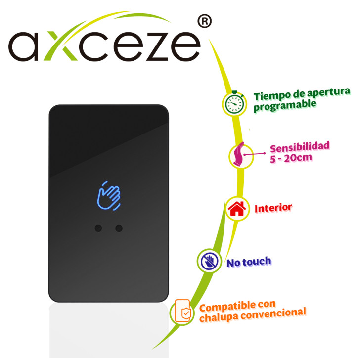 BOTON DE SALIDA SIN CONTACTO AX-B100 AXCEZE FORMATO VERTICAL CUBIERTA PLASTICA COLOR NEGRO LED INDICADOR DE ESTADO DISTANCIA DE 