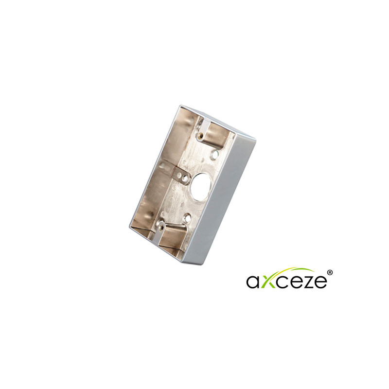 CAJA PARA BOTON AXCEZE AX-PBOX70114 DIMENSIONES 114 X 70 X 25MM FABRICADA EN ALUMINIO IDEAL PARA MONTAJE SUPERFICIAL