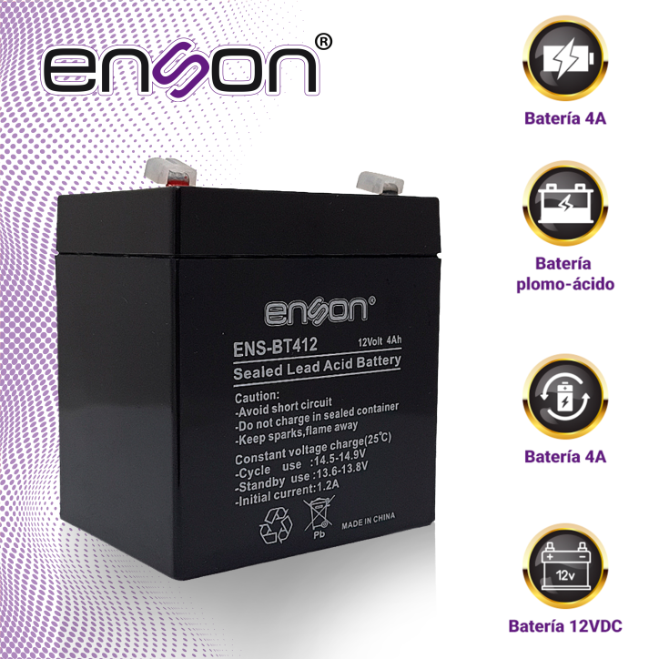 Batería de respaldo recargable sellada de ácido-plomo 12VDC 4A sellada de ácido-plomo ENSON ENS-BT412 Batería de respaldo recargable sellada de ácido-plomo 12VDC 4A sellada de ácido-plomo ENSON ENS-BT412